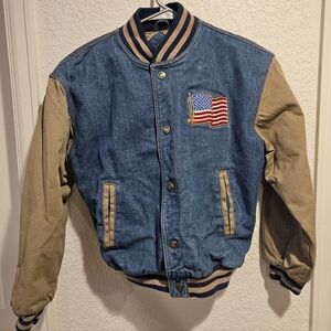 Denim Varsity Jacket with American Flag Patch Youth Med.